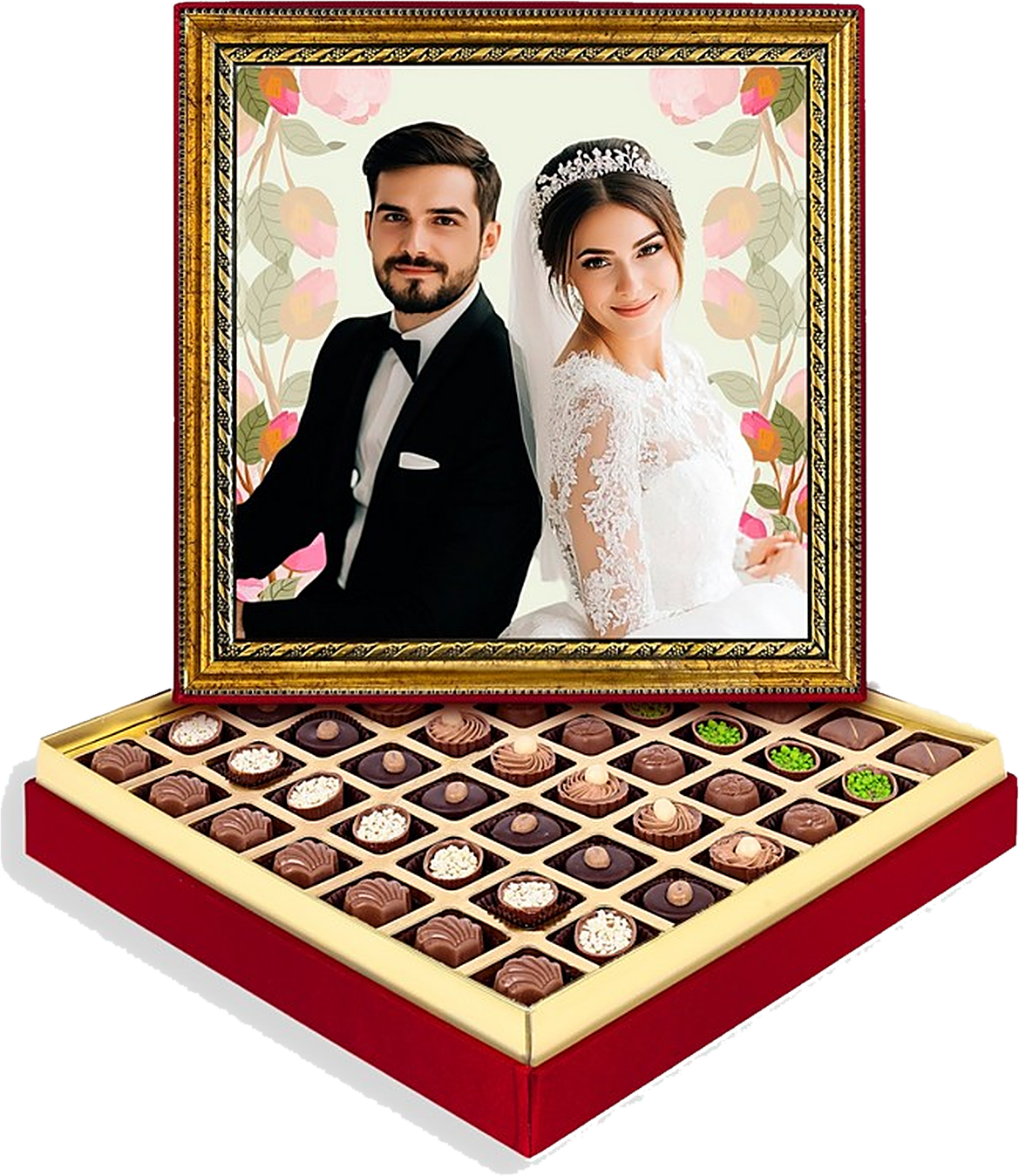 ŞOKOLAND gift set with a personal photograph in a gold frame on the lid